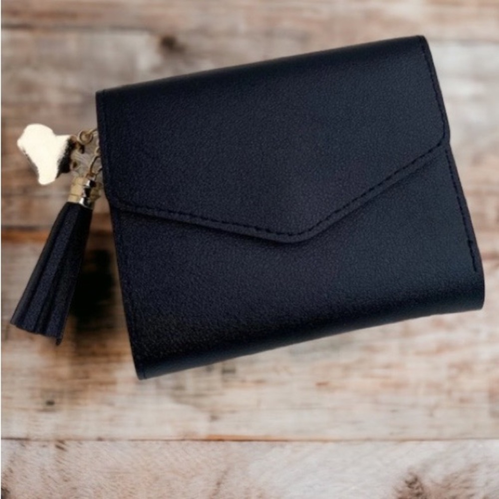 New Mini Envelope Wallet In Black with
Heart Tassel Trimmed In Gold